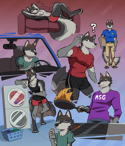 anthro appliance athletic_wear belt beverage beverage_can black_belt black_bottomwear black_clothing black_gym_shorts black_nose black_shirt black_shorts black_tank_top black_topwear blep blue_clothing blue_polo_shirt blue_shirt blue_topwear bodily_fluids bottomwear can cellphone clothed clothing container cookware digitigrade driver ear_piercing ear_ring earbuds electronics eyes_closed food fried_rice frying_pan fur furniture green_clothing green_shirt green_t-shirt green_topwear grey_body grey_fur gym_bottomwear gym_shorts hands_behind_own_head headphones holding_beverage holding_can holding_cellphone holding_container holding_object holding_phone holding_smartphone humanoid_hands khaki_pants kitchen_utensils laundry_basket laundry_machine looking_at_viewer lying lying_on_sofa male name_tag nipples no_shoes on_back on_sofa phone piercing pink_nipples pink_tongue purple_clothing purple_shirt purple_topwear question_mark red_clothing red_eyes red_shirt red_topwear red_underwear rice ring_piercing shirt shorts sleeping sleeping_on_sofa smartphone sofa solo sound_effects standing sweat sweaty_face t-shirt tank_top text text_on_clothing text_on_topwear tongue tongue_out tools topless topless_anthro topless_male topwear underwear vowelless vowelless_sound_effect washing_machine zzz somesacredbird best_buy canid canine mammal 2026 digital_drawing_(artwork) digital_media_(artwork) english_description english_text hi_res multiple_scenes