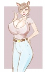 anthro belt big_breasts breasts cleavage clothed clothing deer eyebrows eyelashes eyeshadow female hand_on_hip huge_breasts looking_at_viewer makeup mammal shishikasama sketch smile solo standing