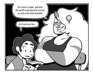 2_horns bodily_fluids breasts broken_horn chair cleavage clothed clothing crossed_arms duo female fingers furniture gem gem_nose hair horn lips long_hair male muscular muscular_female not_furry on_model paper shirt simple_background smile speech_bubble sweat tank_top text toony topwear discount-supervillain cartoon_network steven_universe steven_universe:_future jasper_(steven_universe) steven_quartz_universe alien alien_humanoid gem_(species) human humanoid jasper_(gem_species) mammal quartz_(gem_species) uncorrupted_gem digital_media_(artwork) english_text greyscale monochrome