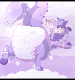 ambiguous_gender ankle_tuft back_wings big_diaper clean_diaper clothed clothing cloud cloud_emanata detailed_background diaper diaper_only diaper_puff emanata feral fur hair head_horn horn knee_tuft leg_tuft looking_back multicolored_body multicolored_fur narrowed_eyes poof_effect purple_body purple_fur purple_hair purple_tongue purple_wings sharp_teeth sky_background solo spiked_tail spikes spikes_(anatomy) tail tan_body tan_fur teeth tongue tongue_out topless tuft wearing_diaper white_body white_fur white_inner_ear wings jupiters mythology dormir_(ryanator) dragon mythological_creature mythological_scalie scalie hi_res letterbox