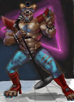 abs anthro bodypaint bow_tie bracelet clothing colored_nails ear_piercing ear_ring electronics footwear hat headgear headwear high_heels jewelry leather leather_clothing legwear machine male microphone muscular muscular_anthro muscular_male nails neon_lights open_mouth piercing ring_piercing robotic shirtless shoes shoulder_pads singing solo stage stage_lights studded_bracelet studded_jewelry studs tight_clothing tights top_hat torn_clothing alderaie five_nights_at_freddy's five_nights_at_freddy's:_security_breach scottgames steel_wool_studios glamrock_freddy animatronic bear mammal robot 2022 absurd_res hi_res