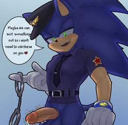 accessory anthro balls belt belt_buckle black_nose blue_body bodily_fluids bottomless buckle clock clothed clothing countershade_arms countershade_face countershade_genitalia countershade_penis countershading cuff_(restraint) dialogue erection genital_fluids genitals glans glistening glistening_nose gloves green_eyes handcuffs handwear head_spines heart_symbol male metal_cuffs necktie officers'_hat penis pointy_ears police police_officer police_uniform precum quills_(anatomy) restraints shirt smile solo star_symbol text throbbing throbbing_penis topwear uniform watch wsora sega sonic_the_hedgehog_(series) sonic_the_hedgehog eulipotyphlan hedgehog mammal english_text hi_res