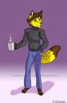 2011 anthro canid canine clothed clothing container cup digital_media_(artwork) flyingram fox hair hi_res holding_container holding_cup holding_object looking_at_viewer male mammal simple_background smile solo
