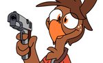 anthro beak bell bell_collar biped brown_body brown_feathers clothed clothing collar feather_hair feather_hands feathered_wings feathers freckles gun handgun holding_gun holding_handgun holding_object holding_ranged_weapon holding_weapon looking_at_viewer male orange_eyes pistol pseudo_hair ranged_weapon shirt simple_background smile solo topwear tuft weapon white_background wings piemations delet_this pretzel_(piemations) avian bird 2019 digital_media_(artwork) meme