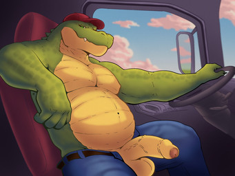 anthro balls belly belt bottomwear clothing cloud denim denim_bottomwear denim_clothing foreskin genitals green_body green_eyes green_skin hat headgear headwear heavy_truck jeans looking_at_viewer male obese obese_male overweight overweight_male pants penis red_clothing red_hat red_headwear scales seat semi-trailer_truck side_glance sitting smile solo teeth truck trucker unzipped unzipped_pants vehicle vein veiny_penis zipper temere_artifex crocodile crocodilian humanoid reptile scalie 4:3 hi_res
