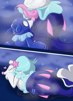 2_panel_comic animal_genitalia animal_penis anthro anus bodily_fluids cetacean_genitalia cetacean_penis duo erection genital_fluids genitals heart_symbol male male/male penis pink_penis precum semi-anthro size_difference tapering_penis wide_eyed pinnipip nintendo pokemon aquatic generation_7_pokemon mammal pinniped pokemon_(species) popplio primarina colored comic