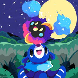 ambiguous_gender black_eyes blue_body duo emanata feral happy markings moon night open_mouth plant sky sparkles star starry_sky tongue whisker_markings yellow_eyes yellow_tongue sleepy_sealion nintendo pokemon cosmog generation_7_pokemon legendary_pokemon pokemon_(species) popplio 1:1 2025 absurd_res dated hi_res signature