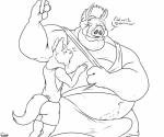6:5 anthro belly big_belly bulge detailed_bulge dialogue disney duo english_text erection genital_outline hi_res male male/male mammal monochrome nipples overweight penis_outline pumbaa size_difference suid suina sus_(pig) text the_lion_king uniparasite wild_boar