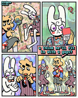 4_panel_comic aloha_shirt anthro bow_tie cheek_spots clothing clown curly_hair dialogue duo floppy_ears footwear fur gesture group hair half-closed_eyes hand_gesture male narrowed_eyes overalls pattern_clothing pattern_shirt pattern_topwear pawpads paws pink_pawpads shirt socks teeth text thumbs_up tooth_gap topwear trio white_body white_fur yellow_body yellow_fur rawdawgcomics bingus_(rawdawgcomics) stahli_(rawdawgcomics) bird_dog canid canine canis domestic_dog golden_retriever human hunting_dog lagomorph leporid mammal rabbit retriever 4:5 comic english_text hi_res