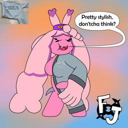 accessory breasts clothed clothing dialogue emblem eyes_closed featureless_breasts featureless_crotch female headband partially_clothed pose solo sweater topwear yes-no_question flacker01 brooklyn_sweater meme_clothing nintendo pokemon generation_9_pokemon humanoid pokemon_(species) tinkaton 1:1 hi_res meme
