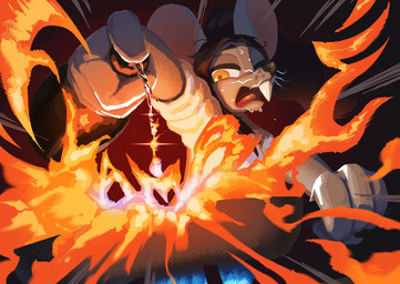 4_fingers anthro biped black_hair bodily_fluids claws clothed clothed_anthro clothed_female clothing female finger_claws fingers fire front_view fur grey_body grey_fur hair one_eye_closed open_mouth simple_background solo sweat teeth tongue whiskers yellow_eyes el-k ratricia_(el-k) mammal mouse murid murine rodent 2026 absurd_res digital_drawing_(artwork) digital_media_(artwork) hi_res