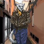 alley anthro bottomwear clothed clothing denim denim_bottomwear denim_clothing fully_clothed fur jacket jeans leather leather_clothing leather_jacket leather_topwear looking_at_viewer male pants scarf solo topwear white_body white_fur alphasabre cheetah felid feline mammal 1:1 hi_res