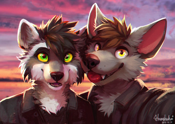 anthro black_hair black_nose blep brown_hair clothed clothing cloud day duo eyebrows fangs female fur green_eyes grey_body grey_fur hair jacket looking_at_viewer male neck_tuft open_clothing open_jacket open_mouth open_smile open_topwear outside selfie shirt sky smile sunset t-shirt teeth tongue tongue_out topwear tuft white_body white_fur yellow_eyes yellow_sclera thanshuhai clockie canid canine fox mammal procyonid raccoon 2019 digital_media_(artwork) digital_painting_(artwork) headshot_portrait hi_res painting_(artwork) portrait signature