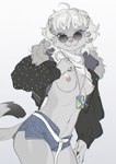 anthro areola blue_eyes bottomwear breasts clothed clothing female flashing flashing_breasts fur hair jacket looking_at_viewer nipples partially_clothed shorts simple_background smile solo tail teeth topwear white_background white_body white_fur white_hair czerwonya paledrake lumi_(paledrake) mammal mustelid musteline stoat true_musteline weasel 2024 absurd_res digital_media_(artwork) hi_res