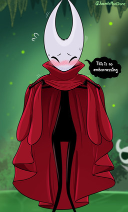 anthro anthro_focus black_body blush bodily_fluids clothing dialogue duo eyes_closed featureless_crotch female female_focus humor red_clothing solo_focus speech_bubble sweat sweatdrop text white_body jasminthemanticore hollow_knight_(franchise) team_cherry hornet_(hollow_knight) arthropod humanoid insect 2025 absurd_res english_text hi_res
