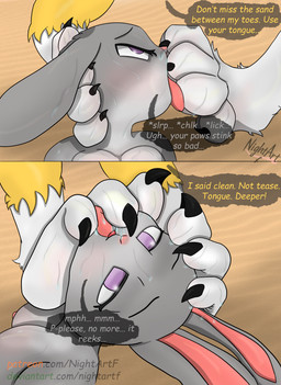 anthro bodily_fluids dominant dominant_female duo feet female female/female foot_fetish foot_on_face forced forced_oral oral paws sex soles sweat sweaty_feet text toes nightartf bandai_namco digimon disney zootopia judy_hopps canid canine digimon_(species) fox lagomorph leporid mammal rabbit renamon absurd_res english_text hi_res