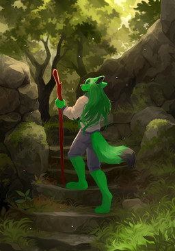 anthro black_body black_fur black_nose bottomwear clothed clothing dipstick_tail fur green_body green_eyes green_fur green_hair grey_bottomwear grey_clothing grey_pants hair light light_beam long_hair male markings mouth_closed outside pants plant rock solo stairs standing sunbeam sunlight tail tail_markings topwear tree unsigned white_clothing white_topwear corzh77 canid canine canis mammal wolf absurd_res full-length_portrait hi_res portrait
