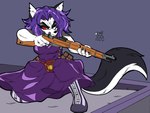 aiming belt belt_pouch black_body black_fur boots breasts buckle building claws clothing cosplay crossover_cosplay dress ear_piercing ear_ring female finger_claws fluffy fluffy_tail footwear fur grey_background gun hair medium_breasts mosin-nagant multicolored_body multicolored_fur one_eye_closed piercing public purple_clothing purple_dress purple_hair ranged_weapon red_sclera rifle rifle_barrel ring_piercing rooftop satchel shoes simple_background sleeveless_dress sniper sniper_rifle solo tail tall_boots two_tone_body two_tone_fur two_tone_tail voice_actor_joke weapon white_body white_eyes white_fur zhengfox helluva_boss my_hero_academia mythology lady_nagant loona_(helluva_boss) canid canid_demon canine demon hellhound humanoid mammal mythological_canine mythological_creature 2023 artist_name crossover hi_res signature widescreen