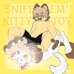 4_toes anthro bodily_fluids brown_body brown_fur claws dialogue duo feet foot_fetish foot_focus foot_on_face foot_sniffing fur male male/male pawpads simple_background sitting sitting_on_another smelly smelly_feet sniffing sound_effects sweat sweaty_feet text toe_claws toes white_body yellow_body miyusstuff miyu_(miyusstuff) domestic_cat felid feline felis mammal 1:1 hi_res