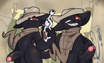 anthro bodily_fluids bottomless bottomless_anthro clothed clothing cowboy_hat erection eye_scar facial_scar genital_fluids genitals gun hat headgear headwear holding_gun holding_object holding_ranged_weapon holding_weapon kerchief male missing_tooth mostly_nude neckerchief neckwear one_eye_obstructed penis precum ranged_weapon scar smile smiling_at_viewer smirk smirking_at_viewer solo weapon rabblet mewgenics zodiac_(mewgenics) domestic_cat felid feline felis mammal 2026 hi_res