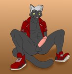 abs anthro balls clothed clothing erection eyebrows flirting footwear genitals glans humanoid_genitalia humanoid_penis jacket looking_at_viewer male nipples partially_clothed penis raised_eyebrow shoes sitting sitting_on_ground sneakers solo tail topwear mapdark alex_(mapdark) domestic_cat felid feline felis mammal