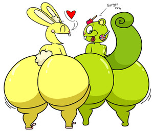 anthro apple big_butt buckteeth butt candy candy_apple clothing dessert directional_arrow duo emanata eyes_closed flip_flops food footwear footwear_only fruit fur green_body green_eyes green_fur heart_symbol long_ears male mostly_nude open_mouth pink_clothing pink_footwear pink_nose plant sandals shoes small_tail smile tail teeth text tongue tongue_out white_body white_fur yellow_body yellow_fur lucaslora happy_tree_friends cuddles_(htf) nutty_(htf) lagomorph leporid mammal rabbit rodent sciurid tree_squirrel 2026 digital_drawing_(artwork) digital_media_(artwork) english_description english_text hi_res
