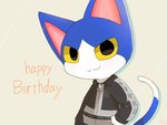 2022 :3 animal_crossing anthro big_head black_clothing black_jacket black_topwear blue_body blue_fur closed_smile clothed clothing countershade_face countershade_fur countershade_hands countershade_tail countershading dated digital_media_(artwork) dipstick_tail domestic_cat drop_shadow english_text felid feline felis fingers fur grey_clothing grey_jacket grey_topwear half-length_portrait hand_on_hip hi_res jacket jacket_only kumorasu_(artist) looking_at_viewer male mammal markings mouth_closed multicolored_body multicolored_clothing multicolored_fur multicolored_topwear nintendo portrait raised_tail simple_background smile solo standing tail tail_markings tan_background text text_on_clothing text_on_jacket text_on_topwear three-quarter_view tom_(animal_crossing) topwear two_tone_body two_tone_clothing two_tone_fur two_tone_jacket two_tone_topwear white_body white_countershading white_fur yellow_sclera zipper