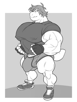 anthro barely_visible_genitalia biceps big_bulge big_muscles big_pecs big_penis bulge clothed clothing cute_fangs detailed_bulge fangs fingerless_gloves footwear genital_outline genitals gloves hair handwear huge_muscles huge_pecs humanoid_genitalia humanoid_penis hyper hyper_muscles hyper_pecs looking_aside male manly muscular muscular_anthro muscular_arms muscular_male muscular_thighs navel partially_clothed pecs penis penis_outline shirt shoes short_hair simple_background solo standing t-shirt teeth tight_clothing topwear underbite underwear analon_(artist) analon_(character) dinosaur lizard prehistoric_species reptile scalie greyscale hi_res monochrome