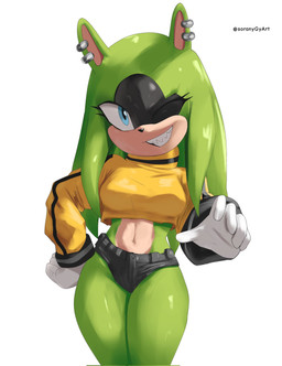 anthro blue_eyes blush bottomwear bracelet breasts clothing ear_piercing ear_ring female green_body green_hair hair hotpants jewelry long_hair long_sleeves looking_at_viewer loose_hair medium_breasts midriff one_eye_closed piercing ring_piercing sharp_teeth shorts smile solo tan_body tan_skin teeth text thick_thighs topwear wink winking_at_viewer yellow_clothing yellow_topwear soranygyart idw_publishing sega sonic_the_hedgehog_(comics) sonic_the_hedgehog_(idw) sonic_the_hedgehog_(series) surge_the_tenrec afrosoricid mammal tenrec artist_name hi_res signature