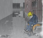 anthro biped blonde_hair bottomwear clothed clothing denim denim_bottomwear denim_clothing footwear fully_clothed hair jeans male outside pants raining shirt shoes sitting solo stairs topwear alshin canid canine fox mammal true_fox 2007