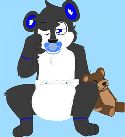 anthro biped clean_diaper clothed clothing diaper diaper_only fur hair male object_in_mouth pacifier pacifier_in_mouth plushie simple_background sitting solo topless wearing_diaper nascentdoom 2022 hi_res