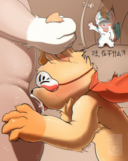 ambiguous_gender anthro blue_body blue_fur bodily_fluids brown_body brown_fur chest_tuft claws cum cum_in_mouth cum_inside detailed_background dialogue door fur genital_fluids group holding_both_ears horn inner_ear_fluff male male/ambiguous mask multicolored_body multicolored_fur nude oral oral_penetration orange_body orange_fur paws penetration round_ears scarf tears text tremble_spikes trio tuft two_tone_body two_tone_fur white_body white_fur wrigglywormz fabulous_beasts fenz_(studio) mythology sibuxiang_the_deer_(fabulous_beasts) tianlu_(fabulous_beasts) tuye_(fabulous_beasts) deer lagomorph leporid mammal moon_rabbit mythological_creature pixiu rabbit chinese_text colored translated