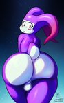 abstract_background balls big_butt blush blush_stickers bottom_heavy butt eyeshadow femboy genitals head_tails huge_butt looking_at_viewer looking_back looking_back_at_viewer makeup male pear-shaped_figure pose purple_body purple_skin simple_background solo thick_thighs white_body white_skin wide_eyed wide_hips yellow_eyes naughtyjester jessie_(lapinbeau) alien puwa pinup