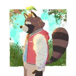 anthro bottomwear brown_body brown_fur clothing detailed_background fur hoodie humanoid_hands leaf male outside pants solo topwear henchmandraws kuon_(cyanroll) canid canine mammal raccoon_dog tanuki 1:1 2020