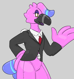 4_fingers anthro bottomless clothed clothing eyelashes eyeshadow feathers femboy fingers hand_on_hip handles_on_back inflatable makeup male necktie open_mouth orange_eyes pool_toy simple_background small_waist solo suit tail tail_feathers thick_thighs topwear topwear_only valve_(mechanical) winged_arms wings delta's_art felix_(delta's_art) animate_inanimate avian bird flamingo living_inflatable hi_res