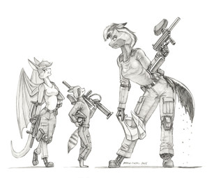 anthro barefoot belt breasts clothed clothed_anthro clothed_female clothed_male clothing digitigrade digitigrade_footwear feet female footwear frown fur furgonomic_footwear furgonomics grin group hair male markings paintball_gun ring_(marking) ringed_tail shirt size_difference smile striped_markings striped_tail stripes tail tail_markings tank_top topwear trio wings baron_engel dust:_an_elysian_tail guardians_of_the_galaxy marvel remi_(jurrel) rocket_raccoon valden_the_nimbat bat canid canine fox mammal nimbat procyonid raccoon 2026 greyscale monochrome