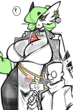 5_fingers big_breasts breasts chest_spike clothed clothing duo ear_piercing ear_ring eyewear female female_humanoid fingers glasses green_hair hair male markings mature_female mature_humanoid mole_(marking) mole_on_breast mole_on_cheek mole_on_thigh not_furry piercing question_mark ring_piercing spikes spikes_(anatomy) white_body white_skin zzvinniezz nintendo pokemon gardevoir generation_3_pokemon human humanoid mammal pokemon_(species) 2025 2:3 absurd_res hi_res