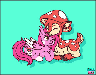 border duo female feral fungus heart_(marking) leash male markings mushroom polka-dot red_border wings bteevee hasbro my_little_pony mythology reimachu bat_pony deer equid equine horse mammal mythological_creature mythological_equine pegasus pony low_res