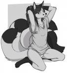 annoyed anthro biped blush bulge claws clothing digitigrade femboy hair kneeling long_hair looking_at_viewer male multi_tail shirt solo tail topwear underwear accelo rynn canid canine fox mammal hi_res monochrome