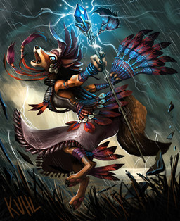 anthro barefoot breasts brown_body brown_fur clothing cloud dress electricity electricity_manipulation elemental_manipulation feet female fur grass holding_object holding_staff loose_feather magic open_mouth outside pawpads plant raining solo staff tail bleats hex:_shards_of_fate canid canine fox mammal 2013 digital_media_(artwork) official_art