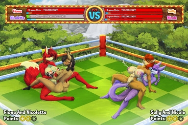 5_fingers abs anthro areola big_breasts black_hair blue_eyes blush bodily_fluids breast_grab breasts brown_body brown_fur butt clothing competition cum ejaculation exhausted eyebrows female female/female fighting_ring fingers fur gameplay_mechanics genital_fluids genitals green_eyes hair hand_on_breast huge_breasts lactating muscular muscular_anthro muscular_female nipples nude open_mouth orgasm penetration red_hair sex sexual_competition sexual_fight smile stamina_bar sweat tail tail_fetish tail_in_vagina tail_insertion tail_play tail_sex text thick_thighs tongue tribadism vaginal vaginal_fluids vaginal_penetration vulva therealaisek archie_comics sega sonic_the_hedgehog_(archie) sonic_the_hedgehog_(comics) sonic_the_hedgehog_(series) fiona_fox nicole_the_lynx nicolette_the_weasel sally_acorn canid canine chipmunk digital_creature felid feline fox ground_squirrel lynx mammal mustelid musteline rodent sciurid true_musteline weasel 3:2 colored digital_drawing_(artwork) digital_media_(artwork) english_text hi_res shaded