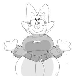 anthro big_breasts big_penis blush bottomless breasts cleavage cleavage_cutout clothed clothing cutout eyewear front_view genitals glasses gynomorph intersex looking_at_viewer pear-shaped_figure penis rectangular_glasses simple_background smile smiling_at_viewer solo spread_arms sweater thick_thighs topwear wide_hips fozulon spaghetti_(spaghettithefox) canid canine fox mammal monochrome male_(lore)