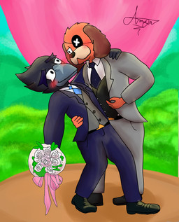 clothing duo male male/male romantic romantic_couple suit wedding wedding_clothing wedding_flowers amon_wolf brawl_stars supercell_(company) colonel_ruffs_(brawl_stars) crow_(brawl_stars) avian bird canid canine corvid corvus_(genus) crow mammal oscine passerine absurd_res hi_res