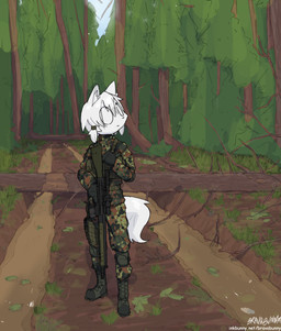 ambiguous_anthro ambiguous_gender anthro bottomwear camo camo_bottomwear camo_clothing camo_jacket camo_pants camo_print clothed clothed_ambiguous clothed_anthro clothing detailed_background forest fully_clothed fully_clothed_ambiguous fully_clothed_anthro fur gun holding_gun holding_object holding_ranged_weapon holding_weapon military military_uniform outside pants pattern_bottomwear pattern_clothing pattern_pants plant ranged_weapon soldier solo tail tree uniform warrior weapon white_body white_fur white_tail bravobunny domestic_cat felid feline felis mammal absurd_res hi_res