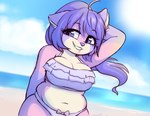 anthro beach belly big_breasts bikini bikini_bottom bow_accessory breasts clothing cloud female frilly frilly_clothing fur hair hand_behind_head long_hair multicolored_body multicolored_fur narrowed_eyes pink_body pink_fur ponytail purple_eyes purple_hair sea seaside skindentation sky skyscape slightly_chubby smile solo swimwear two-piece_swimsuit two_tone_body two_tone_fur water white_body white_fur moozua mary_wanna_(moozua) domestic_cat felid feline felis mammal hi_res