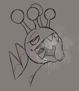 ambiguous_gender ball_tuft blush bodily_fluids disembodied_penis drooling fellatio feral genitals heart_eyes heart_symbol long_tongue looking_pleasured male oral penile penis saliva sex sharp_teeth solo teeth tongue tuft heyimflame nintendo pokemon farigiraf generation_9_pokemon pokemon_(species) sketch