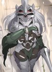 2024 absurd_res anthro armor breasts clothed clothing digital_media_(artwork) female fingers front_view fur generation_7_pokemon grey_body grey_eyes grey_fur grey_hair hair headgear helmet hi_res high-angle_view holding_object holding_weapon lance legendary_pokemon looking_at_viewer melee_weapon navel nintendo pokemon pokemon_(species) polearm silvally solo standing type_null weapon zinfyu