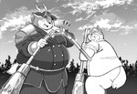 anthro belly big_belly clothed clothing duo hat headgear headwear kemono male outside overweight overweight_male sv_grart tamacolle kazusa musashi_(tamacolle) canid canine canis deer domestic_dog mammal 2022 hi_res monochrome