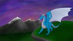 blue_body blue_eyes detailed_background female feral grass horn landscape landscape_background mountain nature nature_background paws plant rock sky snow solo spread_wings stripes tail white_body wings squeed2115 mythology azufira dragon mythological_creature mythological_scalie scalie absurd_res hi_res