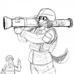 1:1 2018 armor army asinus black_and_white canid canine canis clothing domestic_dog donk_(hladilnik) donkey duo equid equine eyewear female goggles headgear helmet hi_res hladilnik mammal military monochrome ranged_weapon rocket_launcher samantha_thott simple_background soldier uniform warrior weapon